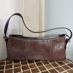 Vintage Valerie Stevens Baguette Purse Floral Embossed Tooled Leather Brown